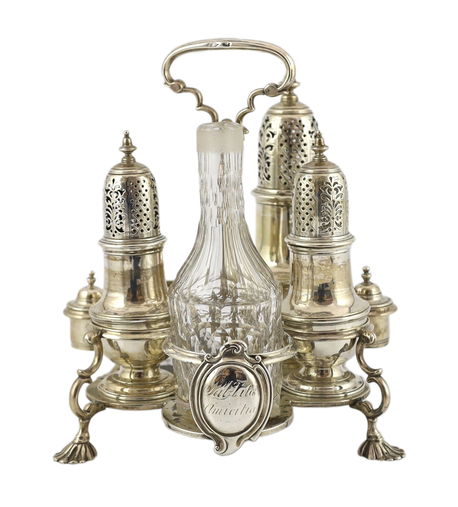 A George II silver cruet stand, with three matching graduated casters, by Samuel Wood